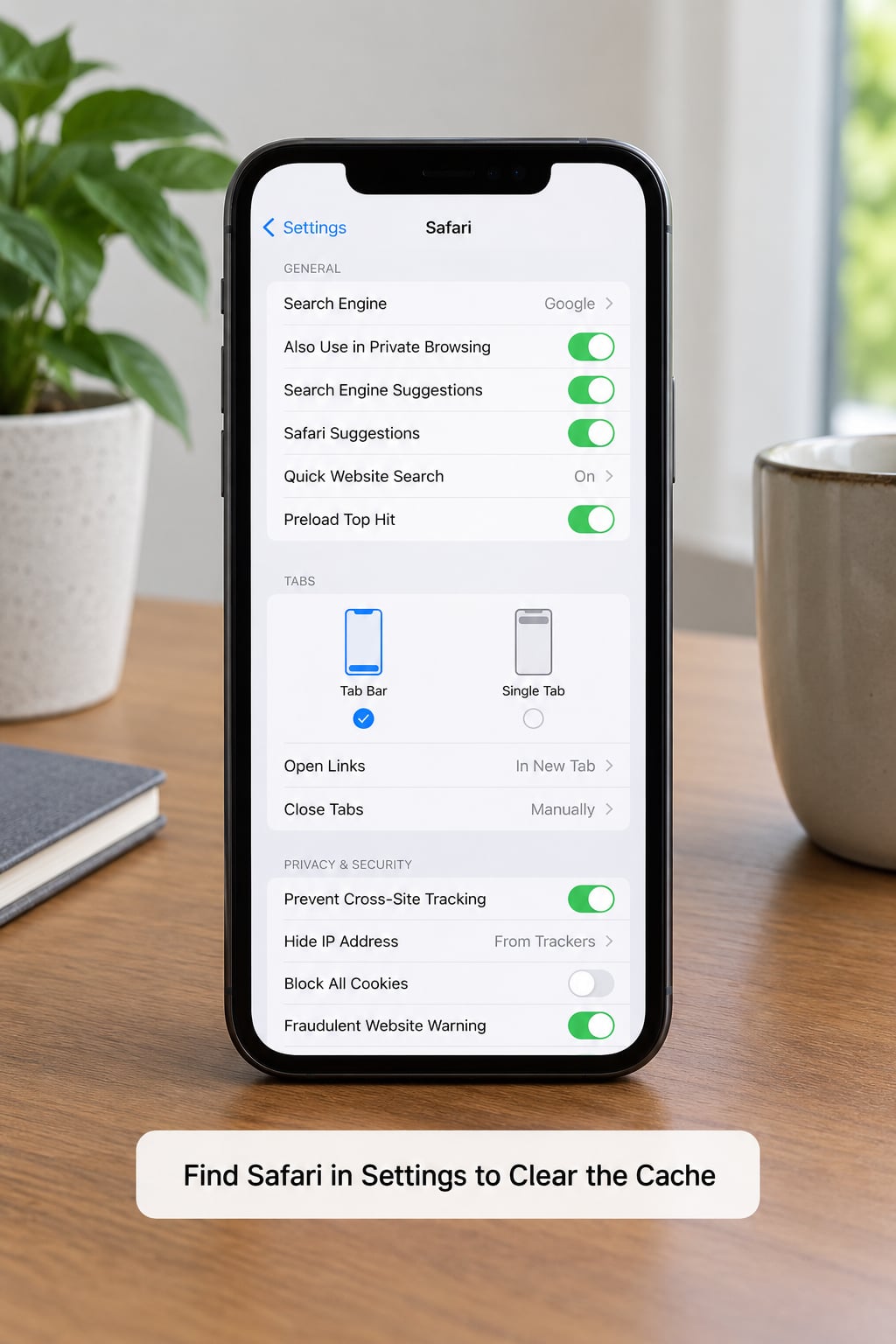 Find Safari in Settings to Clear the Cache